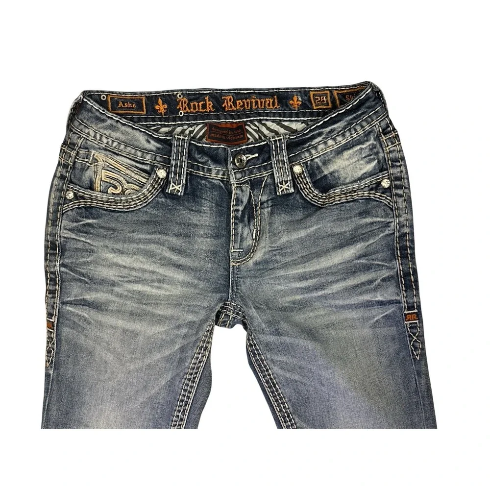 ROCK REVIVAL ASHA JEANS‎ SKINNY WOMENS 25 EMBELLISHED POCKETS 31 INSEAM